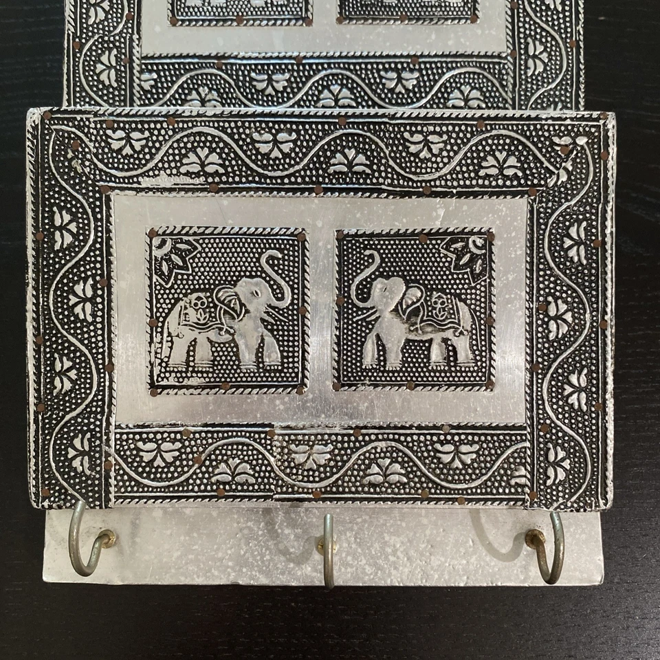 Vtg Aluminum Elephant Motif Embossed Mail Key 3 Tier Organizer  Wall Hanging - Image 2 of 4
