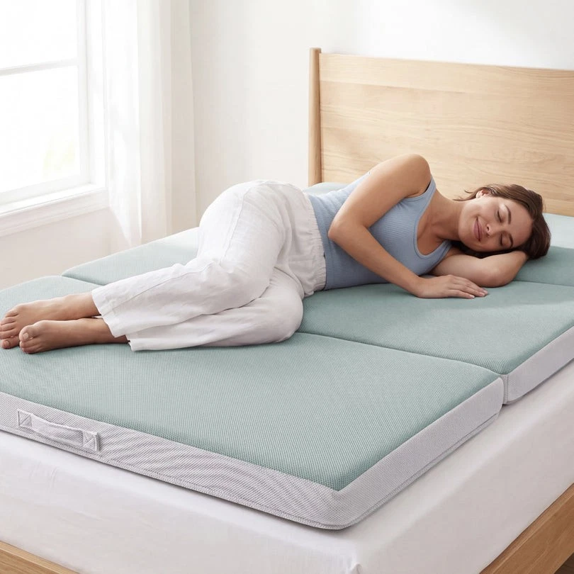 (sky7800 ) 4in Portable Mattress Topper, Tri-Fold Mattress Pad - Seafoam- Full