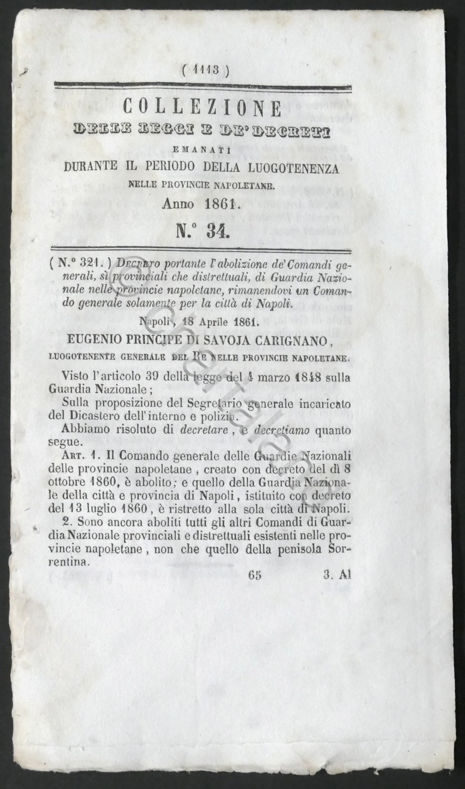 Leggi Decreti Luogotenenza Prov. Napoli N. 34 - 1861 - Decreto Leve Militari