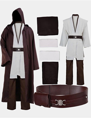 Laku Men s Hooded Robe Tunic Cosplay Costume Full Set Size S White/Brown/Black
