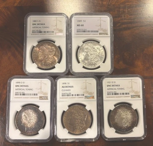 5 1880 1889 1898 1921 S O Morgan Dollars NGC Graded MS 60 UNC DET TONED RAINBOW