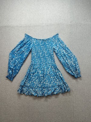 Coolchange Women Mini Dress L Blue White Floral Off The Shoulder Pullover Summer