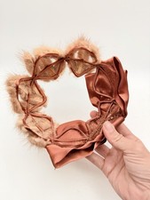 Vintage Mink Fur  Satin Headband Hat Orange Bow Mid Century