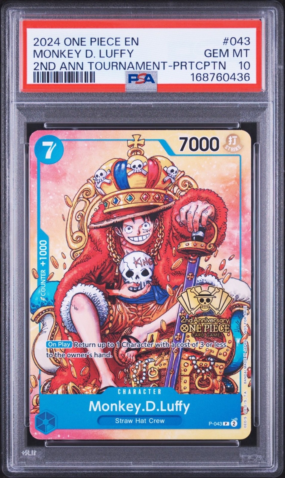 One Piece Monkey D Luffy 2nd Anniversary Tournament PRTCPTN #P-043 PSA 10 Gem