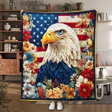 Patriotic Bald Eagle Quilt Blanket USA Flag Floral Throw 4th of July Decor Gift