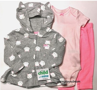 Girls Kitty Ear Hooded Cardigan Pant Set Outfit 3 pc Bodysuit Top Bottom 3/6M