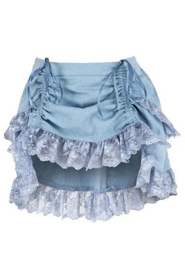 Light Blue Denim Ruched Bustle Mini Skirt w/ Lace Cowgirl Southwestern Burlesque