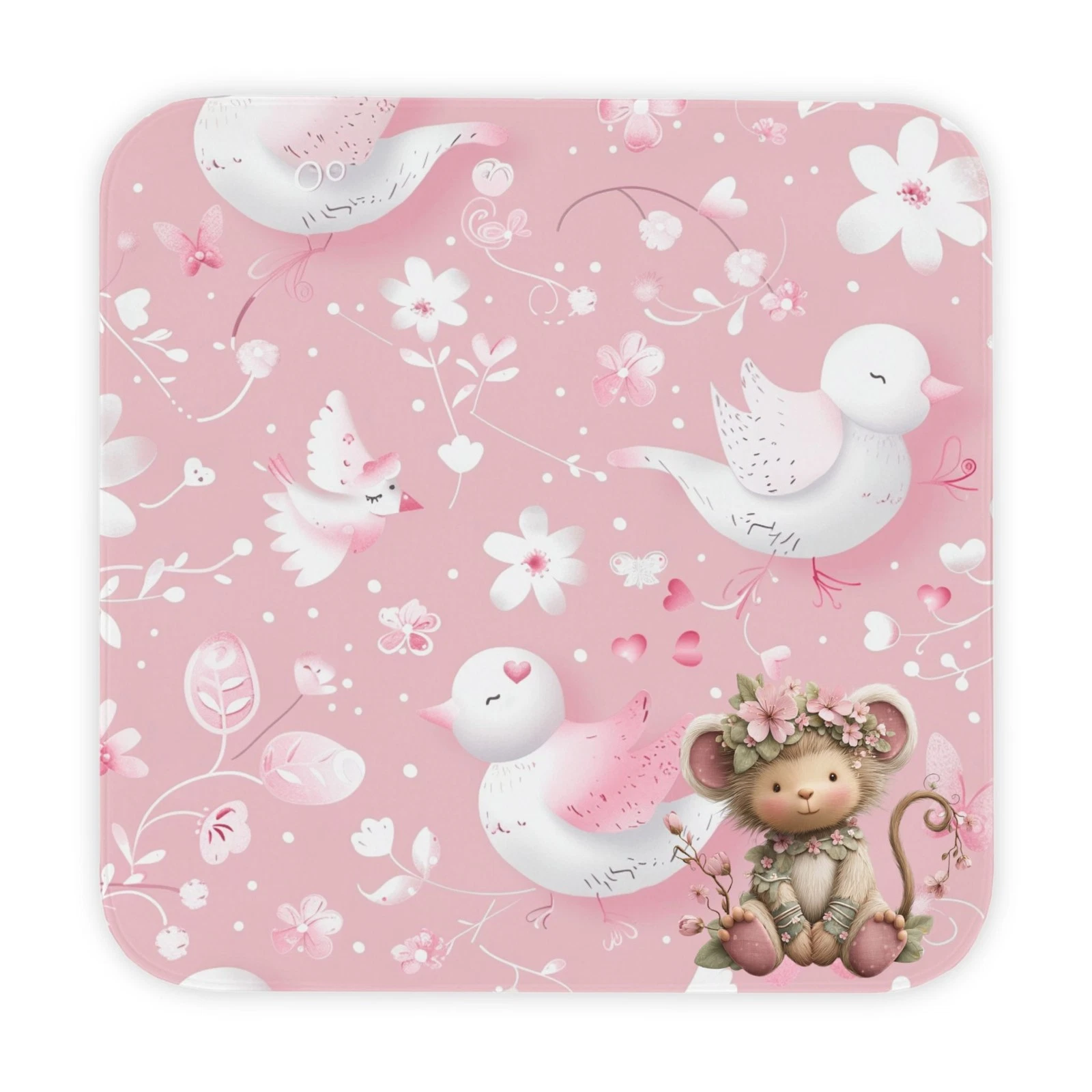 Pink Bird and Mouse Hooded Baby Towel | Floral Nursery