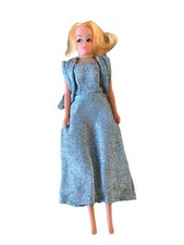 Vintage Hard Plastic 11” Doll  Blonde Hair Blue Sparkly Outfit Faux Pearls 