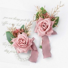 2 PCS Pink Wrist Corsage Wristlet And Boutonniere Set Artificial Rose Decor