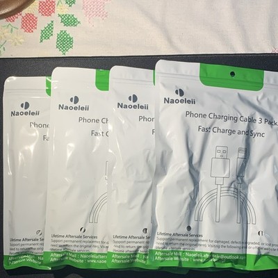 {Lot of FOUR} Naoeleii 3-Pack USB-A to Fast Charge Cable for iPhone 10,6,3 ft.