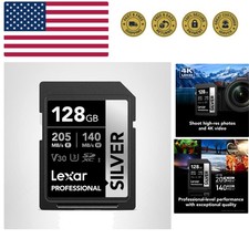 128GB Professional Silver SD Card, UHS-I, C10, U3, V30, 4K, Up to 205/140 MB/...