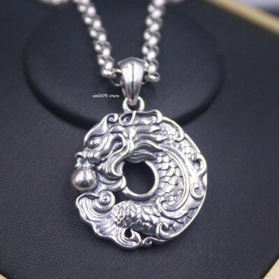Echt 925 Sterlingsilber Sternzeichen Drache Spiel Perle Rund Herren Anhänger 1,38 Zoll H