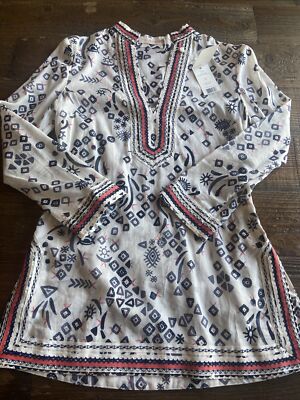 Tory Burch $295 Tunic Long Sleeve Top Evil  Eye Ivory Pink Blue Size 2 Two NWT