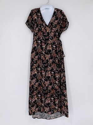 Hem & Thread Black Floral Shirt Sleeve Wrap Dress Women s Size Large