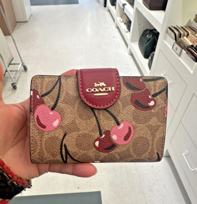 🍒Coach Medium Corner Zip Wallet CZ342 Signature Canvas w/Cherry