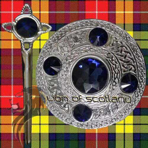 SL Scottish Kilt Fly Plaid Celtic Brooch Blue Stone Chrome 4" Pin & Brooches - Picture 1 of 3