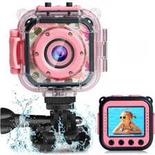 Kids Action Camera Pink w/Waterproof Hard Case & Mounting Accessories Underwater