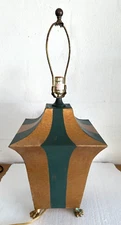 VTG. TOLE CURREY & CO.  FOOTED LAMP, GREEN GOLD STRIPES HOLLYWOOD REGENCY "B"
