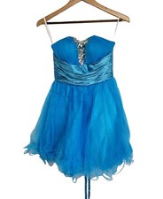 Fabuluxe Couture Turquoise Rhinestone Tulle Strapless Cocktail Prom Dress Medium