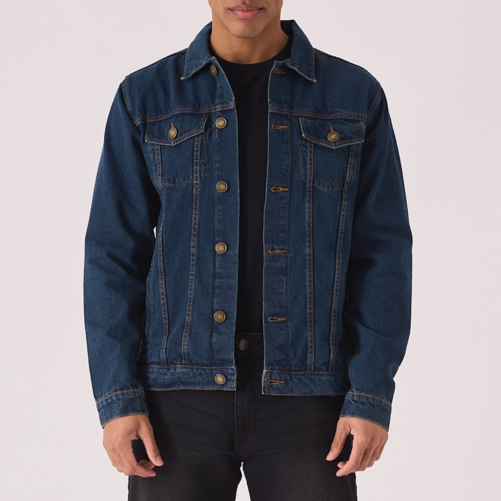 Mens Denim Jeans Jacket Mid Blue Long Sleeve Coat Button Casual Fit All