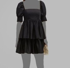 $395 Alice + Olivia Womens Black Emmalou Puff-Sleeve Tiered Mini Dress Size 10