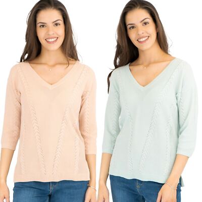 M&S Womens Jumper V-neck Texture Knit Cotton Mix Mint Green Blush Pink ¾  Sleeve UK