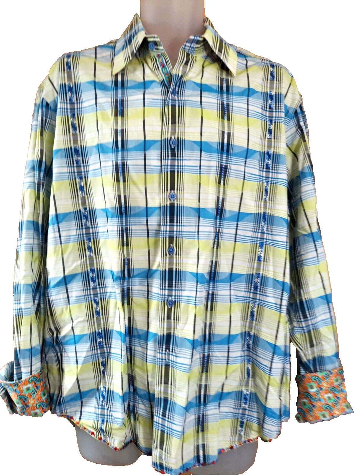 ROBERT GRAHAM Cotton Shirt Blue Yellow Plaid Embroidered Flip Cuff XL