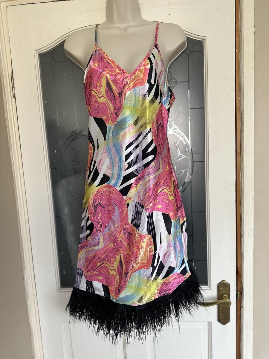 Forever Unique Marble Zebra Print Feather Trim Mini Dress Will Fit