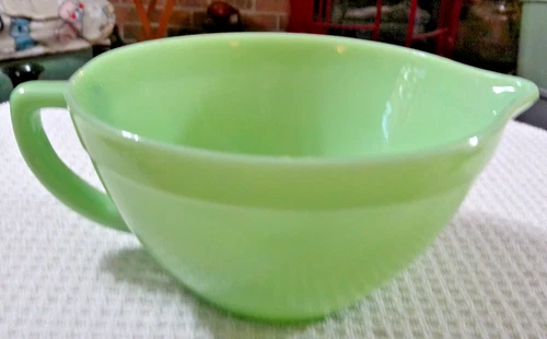 Vintage Fire King Green Jadeite Oven Ware Mixing Batter Bowl with Spout Handle