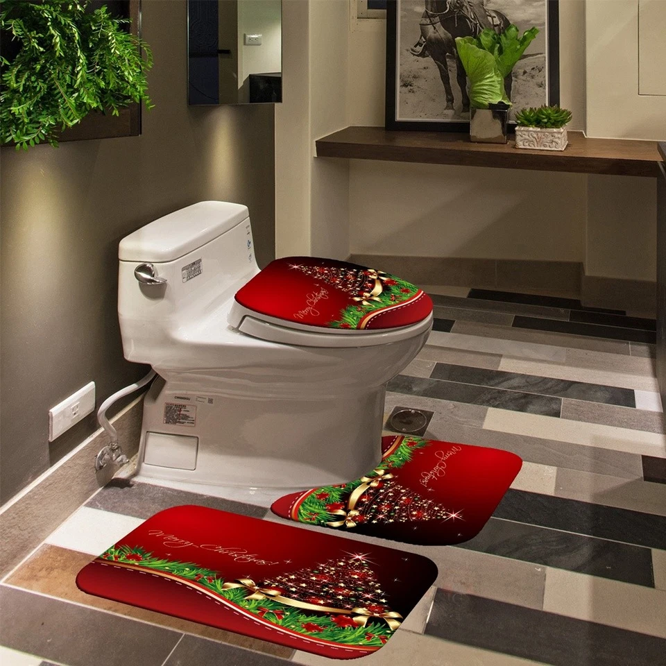 4x Merry Christmas Bathroom Set Christmas Tree Pattern Shower Curtain Home Decor - Image 4 of 4