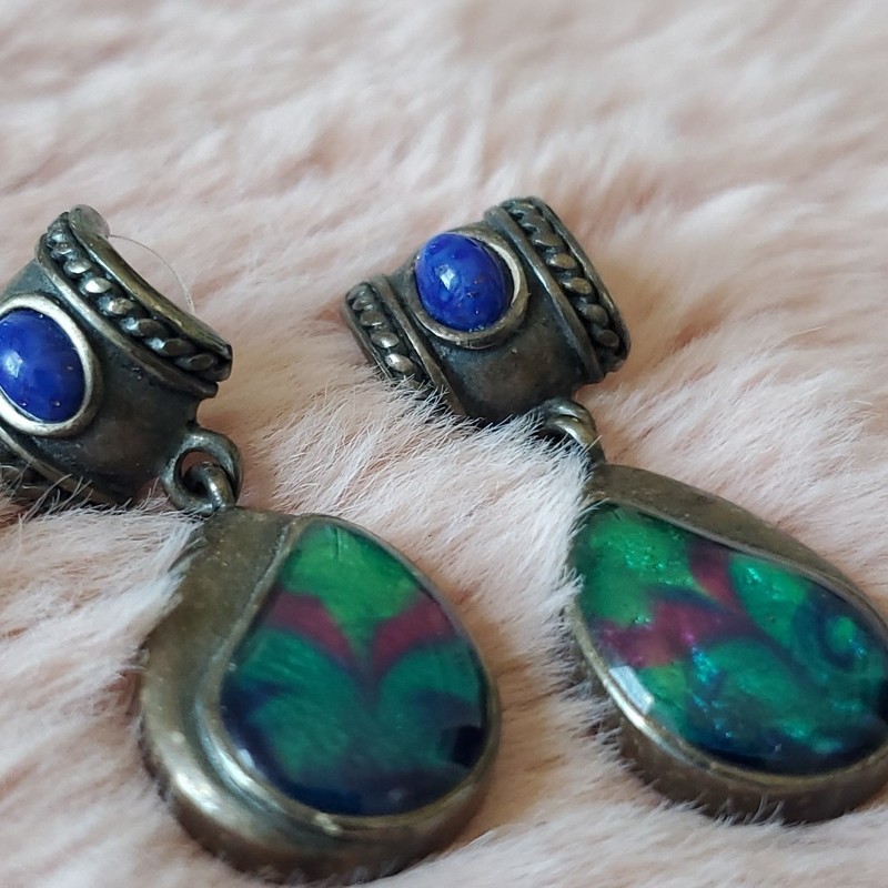 VTG Teardrop Shaped CHICOS  Azurite Malachite Stone Dangle Earrings.
