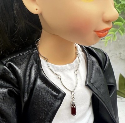 Dark Ruby Red Glass Teardrop Pendant Silver Curved Link Doll Necklace 18  Doll