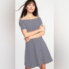 Old Navy Womens Fit to Flare off the Shoulder Dress in Navy/White Stripe Sz SP