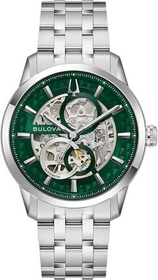 Bulova 96A329 NEW Men's Watch Stainless Steel Band Green Skeleton Dial