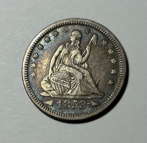 1853 Seated Liberty Quarter Arrows & Rays Rainbow Toning US Silver Coin XF