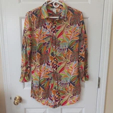 C&C CALIFORNIA Women's Floral Linen Blend Hawaiian Button Top Casual Summer M