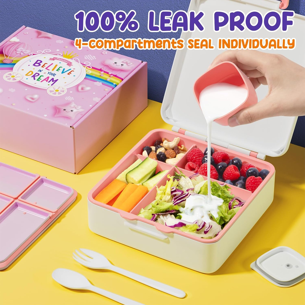 Leak Proof 4-Compartment Bento Lunch Box for Kids BPA Free