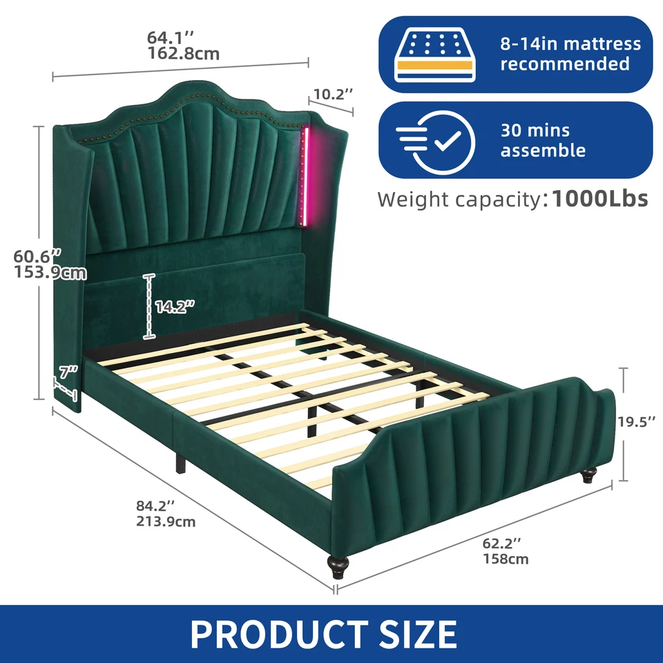 大号平台天鹅绒床头板床架带 7 色 RGB 控制 LED 灯 — 第 3/4 张图片