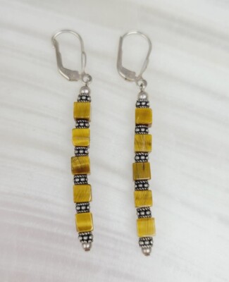 925 Sterling Silver Tigers Eye Stone Cube Dangle Hook Earrings  