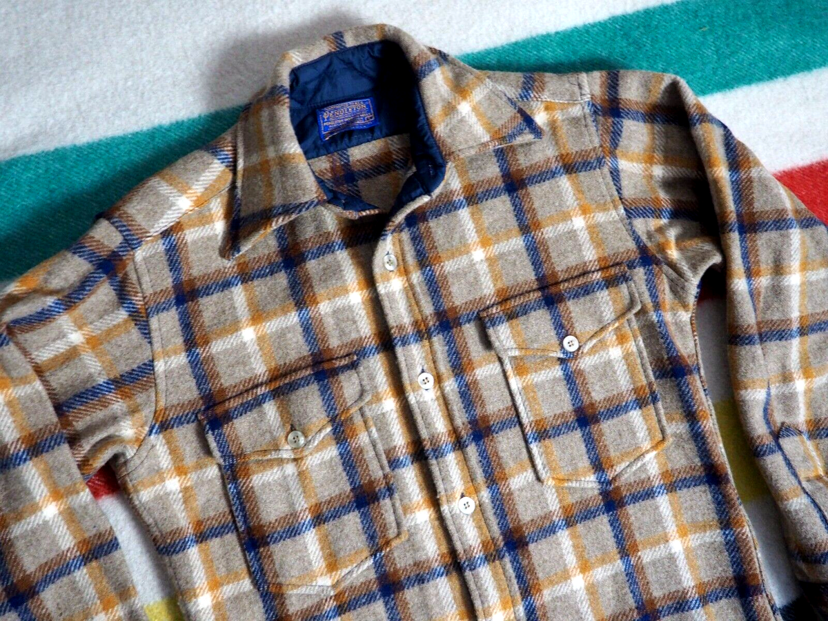 VTG 60s 70s Pendleton Beige Blue USA Plaid Heavy Wool