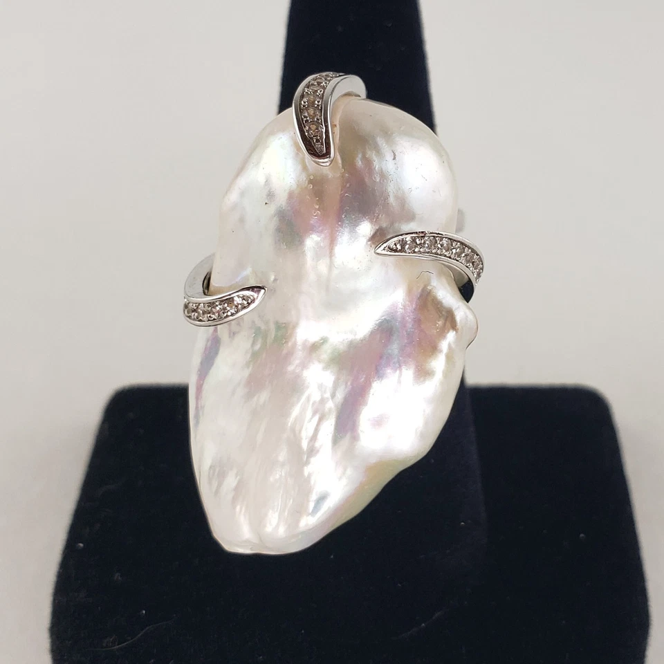 Anillo de plata esterlina grande barroco perla solitario y topacio 18,2 g talla 6 [7225] Foto 2 de 4