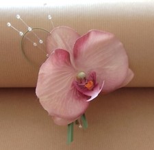 New Natural look. Artificial mid pink Orchid buttonhole. Bride, Groom, wedding