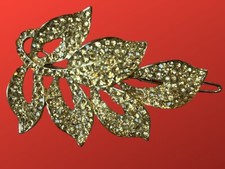 Brooch Barrette Hair Ornament Gold Sparkle Glass Leaf 3" x 2" Hinged Clip