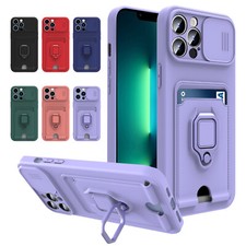 For iPhone 13 Pro Max 12 11 XS XR 7 8 Camera Lens Slide Ring Stand Case Cover