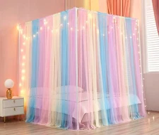 Canopy Bed Curtains with lights 4 Corner Post Bed Canopy for Adults Girls, Ra...