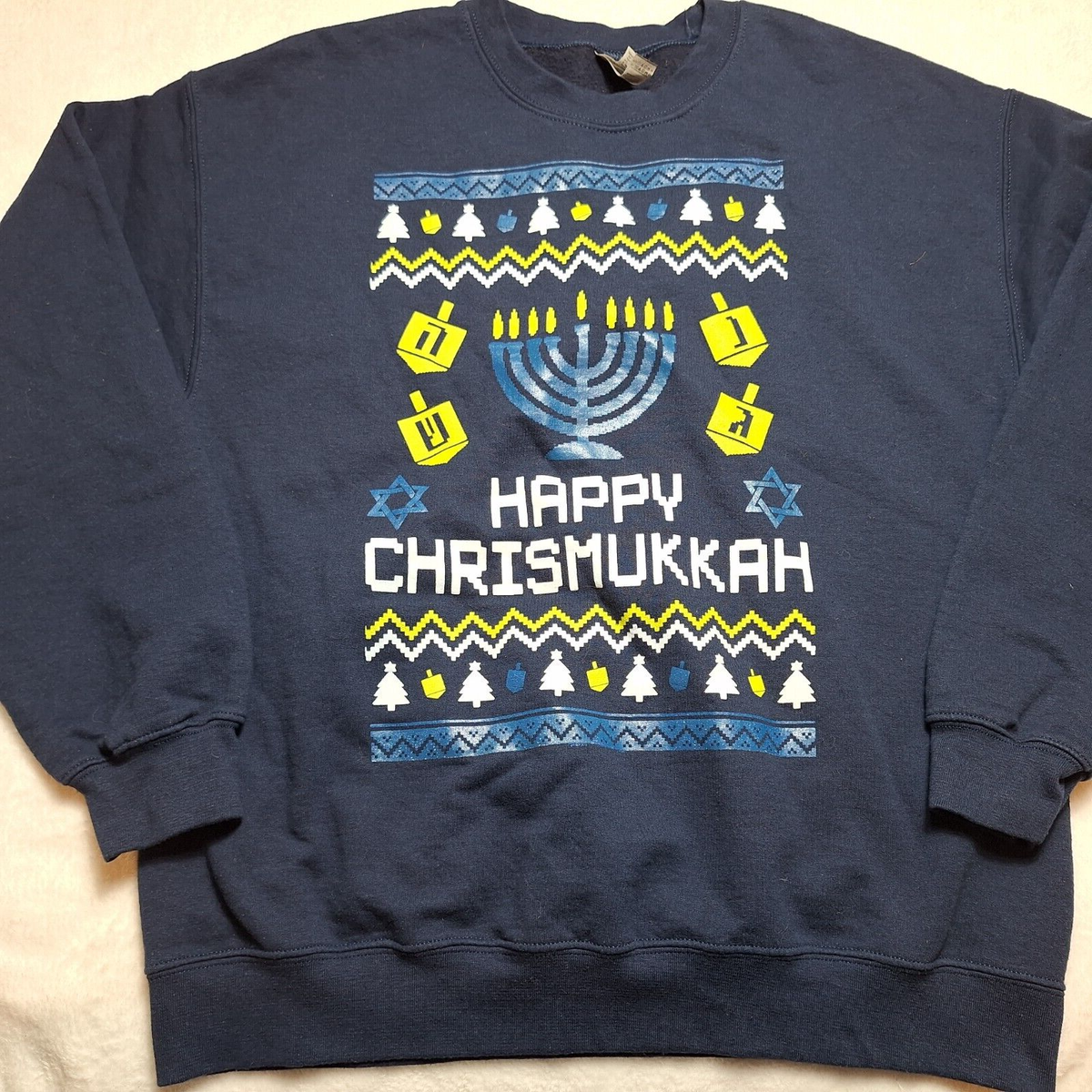 Happy Chrismukkah Ugly Christmas Sweatshirt Adult Sz L Blue - Main Image