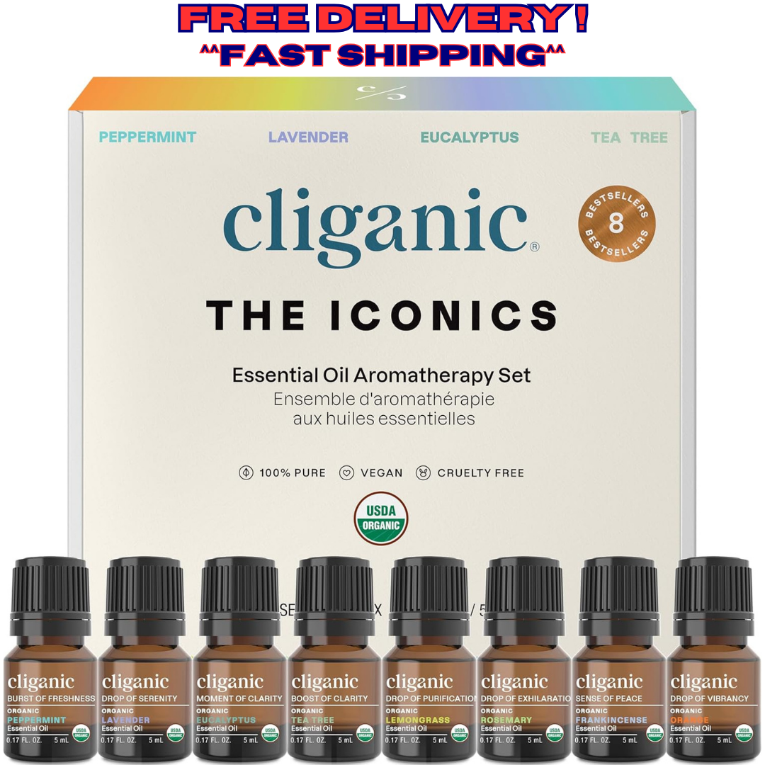 Cliganic Organic 100% Pure Aromatherapy Essential Oils Gift Set Top 8 Scents