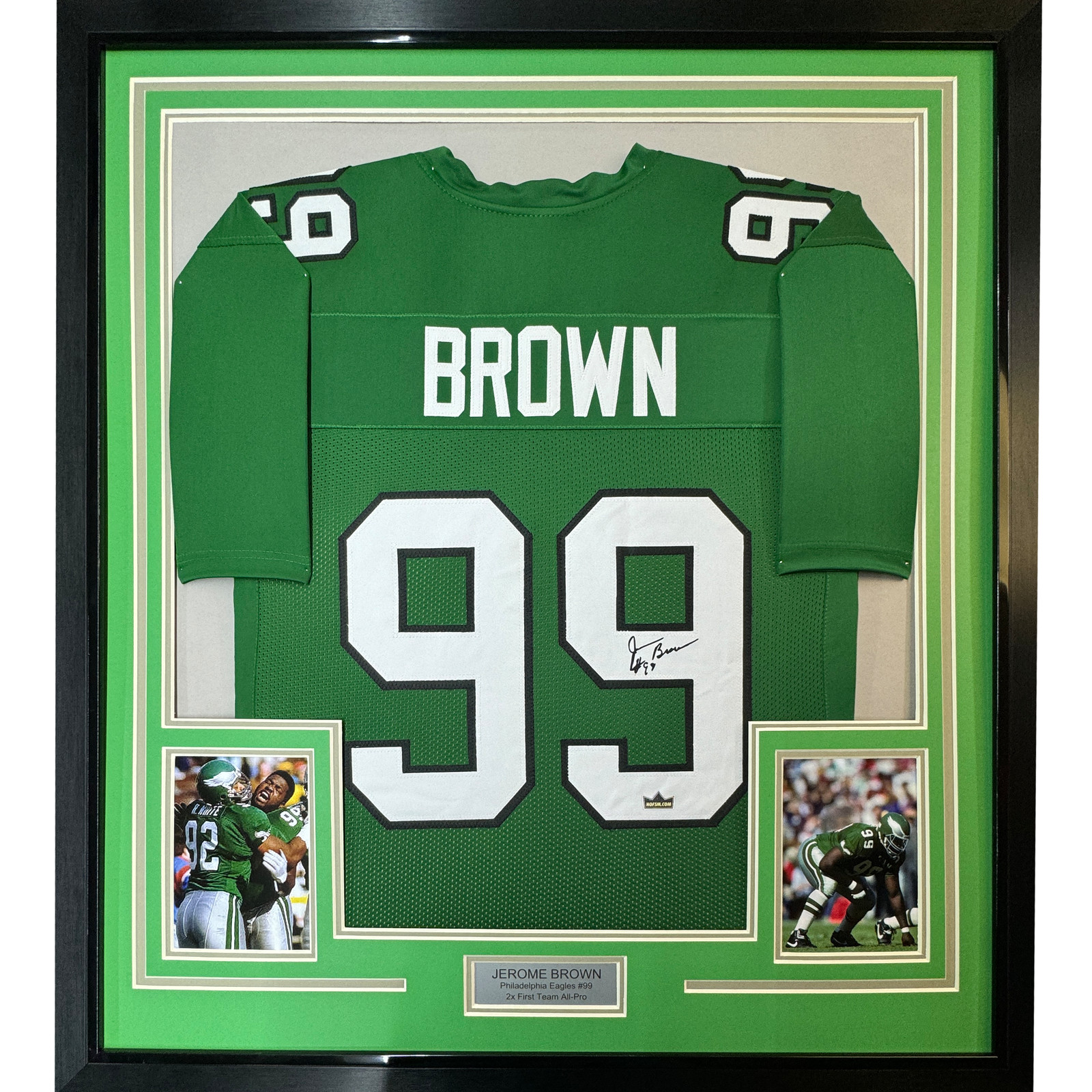 Framed Facsimile Autographed Jerome Brown 35x39 Kelly Green Reprint Jersey