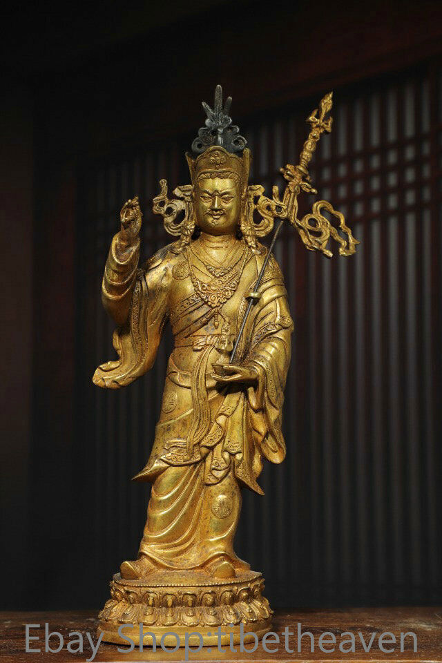 14” Old Tibetan Copper Gilt Stand Guru Padmasambhava
